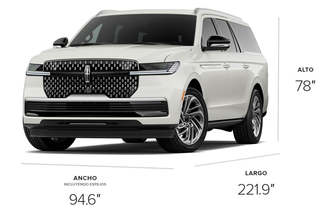2025 Lincoln Navigator® Reserve Long con dimensiones de 221.9 pulgadas de largo, 94.6 pulgadas de ancho y 78 pulgadas de alto