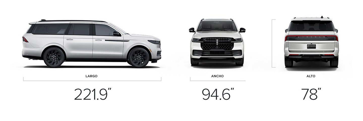 Lincoln Navigator® Reserve-L 2025 con dimensiones de 221.9 pulgadas de largo, 94.6 pulgadas de ancho y 78 pulgadas de alto