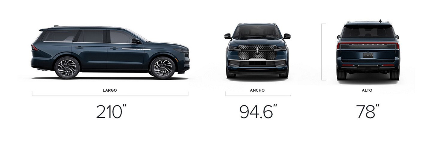 Modelo Lincoln Navigator® Reserve 2025 con dimensiones de 210 pulgadas de largo, 94.6 pulgadas de ancho y 78 pulgadas de alto