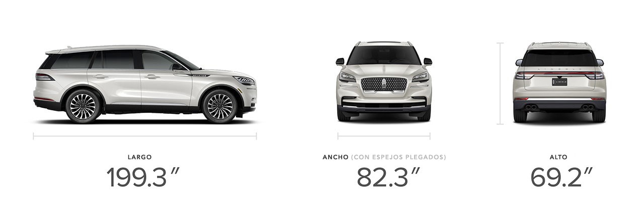 Se muestra la SUV Lincoln Aviator® 2023 con estas dimensiones: 199.3 pulgadas de largo, 82.3 pulgadas de ancho y 69.2 pulgadas de alto