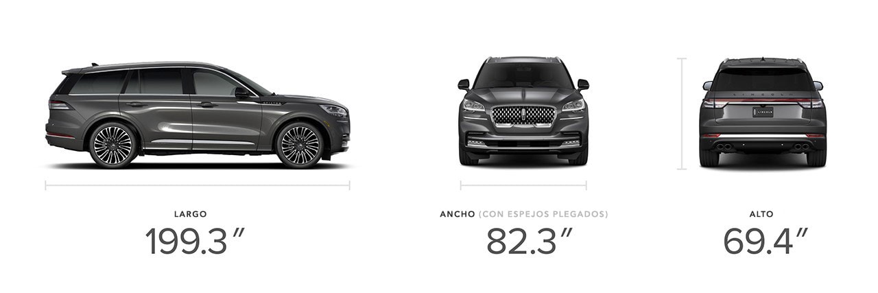 Se muestra la SUV Lincoln Aviator® 2023 con estas dimensiones: 199.3 pulgadas de largo, 82.3 pulgadas de ancho y 69.4 pulgadas de alto