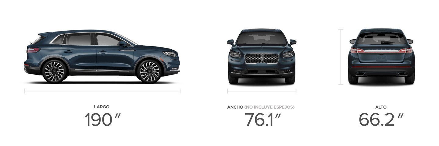 Vistas de perfil y trasera de una SUV ​​​​​​​Lincoln Black Label Nautilus® 2023 con mediciones dimensionales