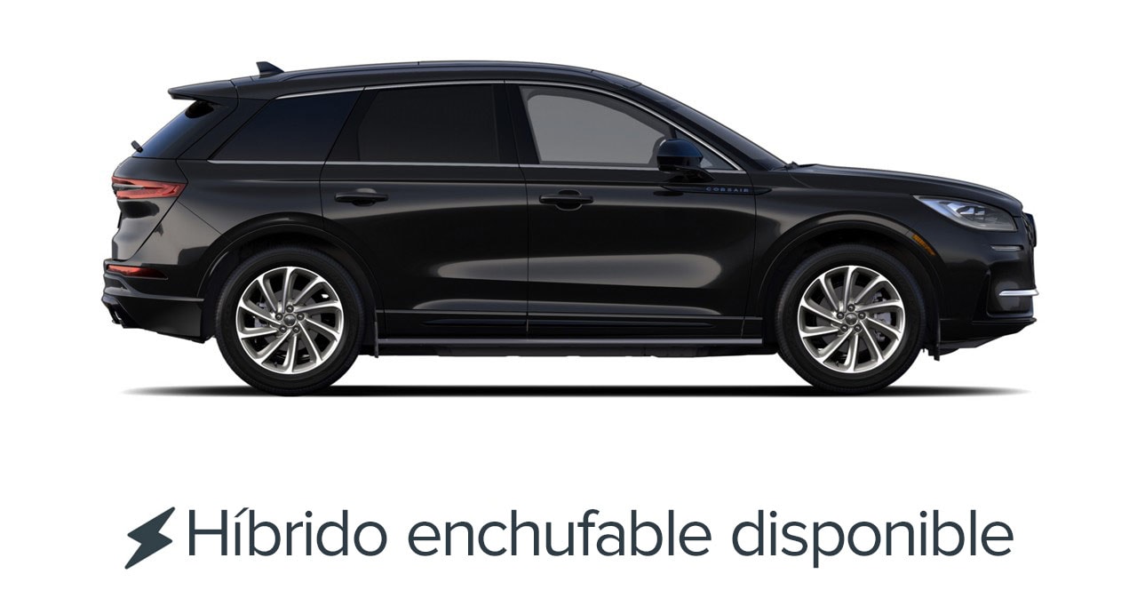 Una imagen exterior de perfil de una Lincoln Corsair® Premiere 2025 en negro infinito. Se muestra el modelo híbrido enchufable disponible.