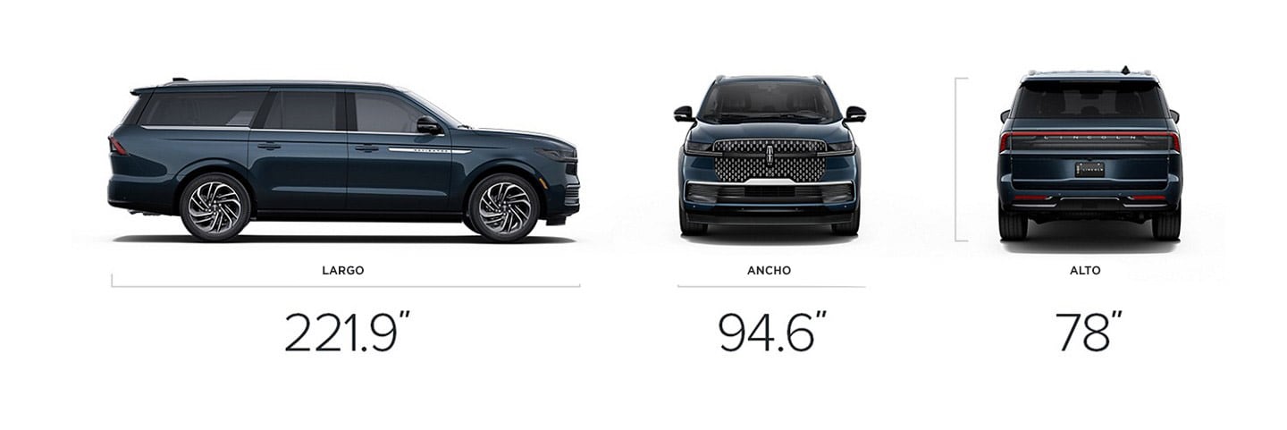 Lincoln Navigator® Reserve-L 2025 con dimensiones de 221.9 pulgadas de largo, 94.6 pulgadas de ancho y 78 pulgadas de alto