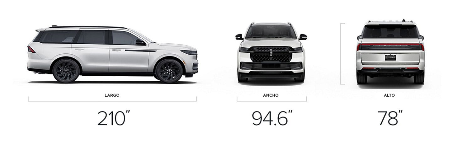 Modelo Lincoln Navigator® Reserve 2025 con dimensiones de 210 pulgadas de largo, 94.6 pulgadas de ancho y 78 pulgadas de alto
