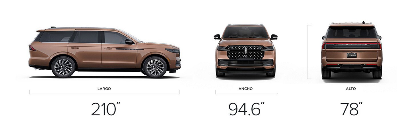 Dimensiones de la SUV Lincoln Black Label Navigator® 2025: 210 pulgadas de largo, 94.6 pulgadas de ancho y 78 pulgadas de alto