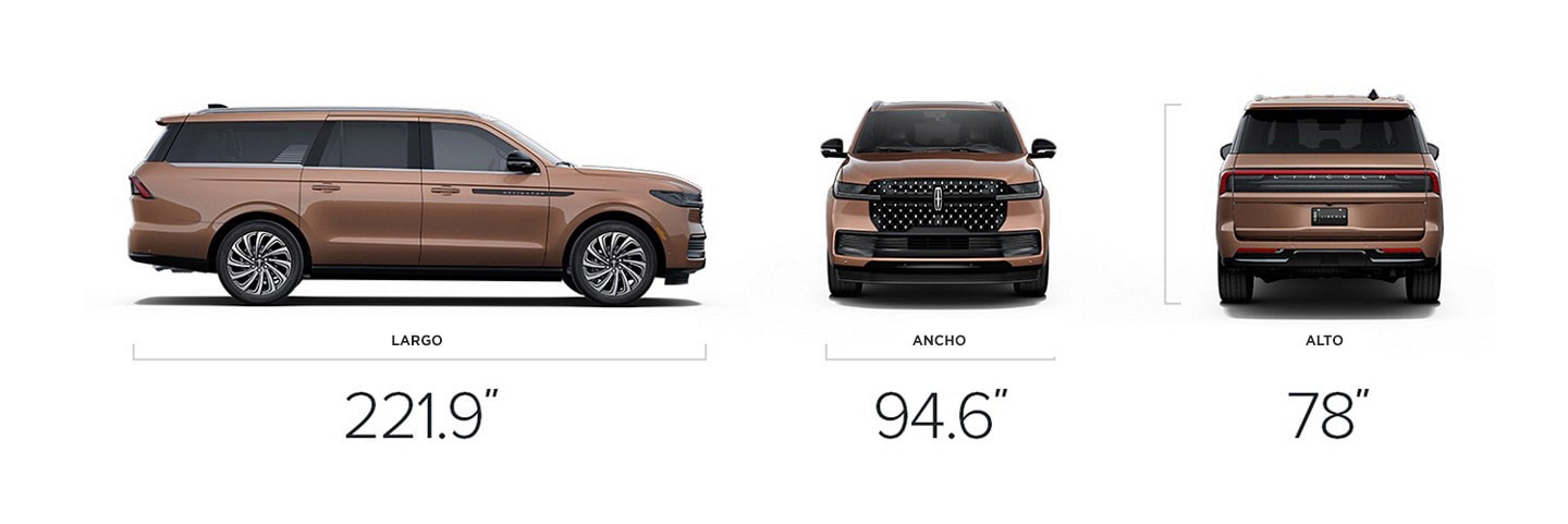 Dimensiones de la SUV Lincoln Black Label-L Navigator® 2025: 221.9 pulgadas de largo, 94.6 pulgadas de ancho y 78 pulgadas de alto