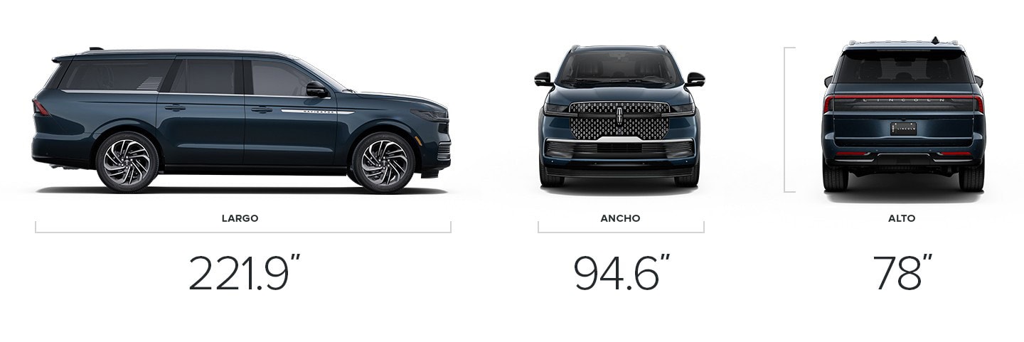 Una vista de perfil, delantera y trasera de la Lincoln Navigator L® 2025 muestra las dimensiones de largo, ancho y alto