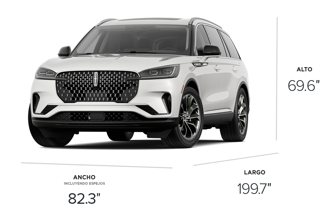 Las dimensiones del SUV 2026 Lincoln Aviator® son 199.7" de largo, 82.3" de ancho incluyendo espejos, y 69.6" de alto