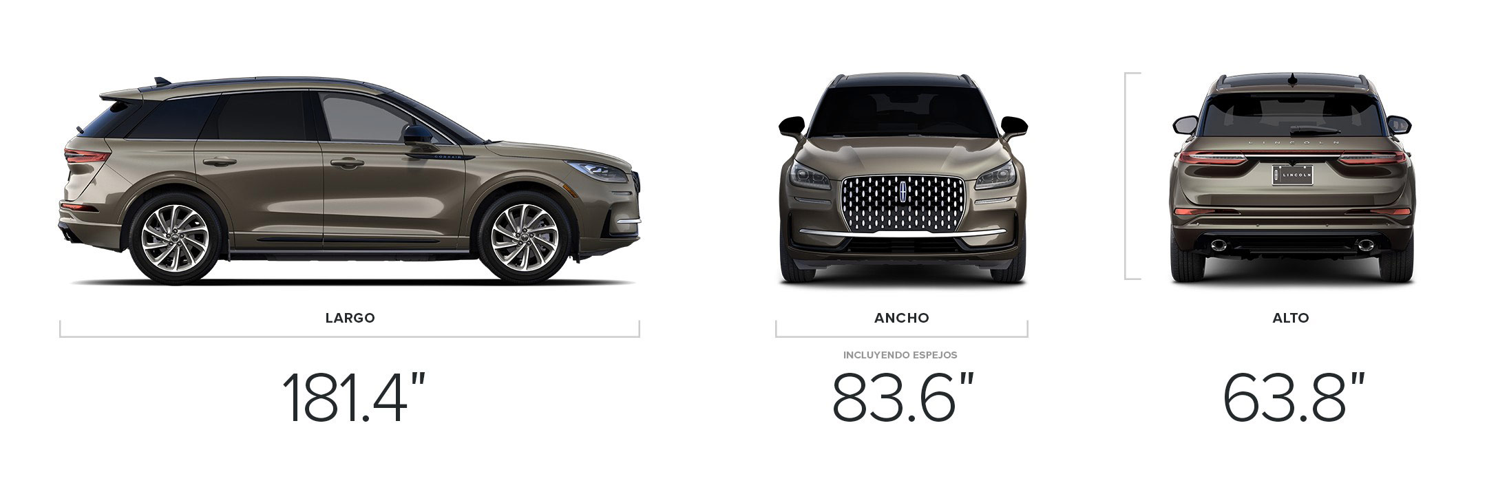 Un modelo 2026 Lincoln Corsair® Grand Touring mide 181.4 pulgadas de largo, 83.6 pulgadas de ancho y 63.8 pulgadas de alto