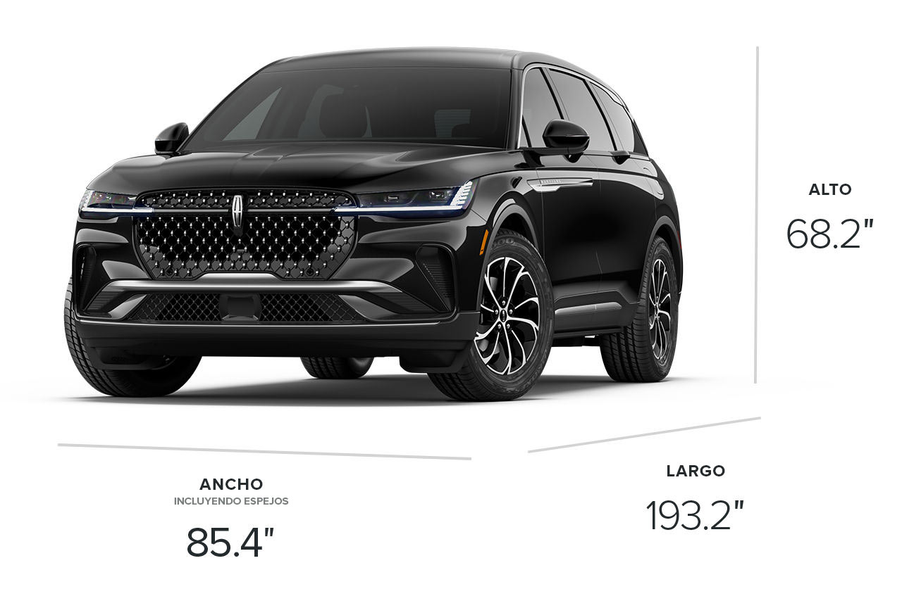 Un modelo Lincoln Nautilus® Premiere 2026 que mide 193.2 pulgadas de largo, 85.4 pulgadas de ancho y 68.2 pulgadas de alto