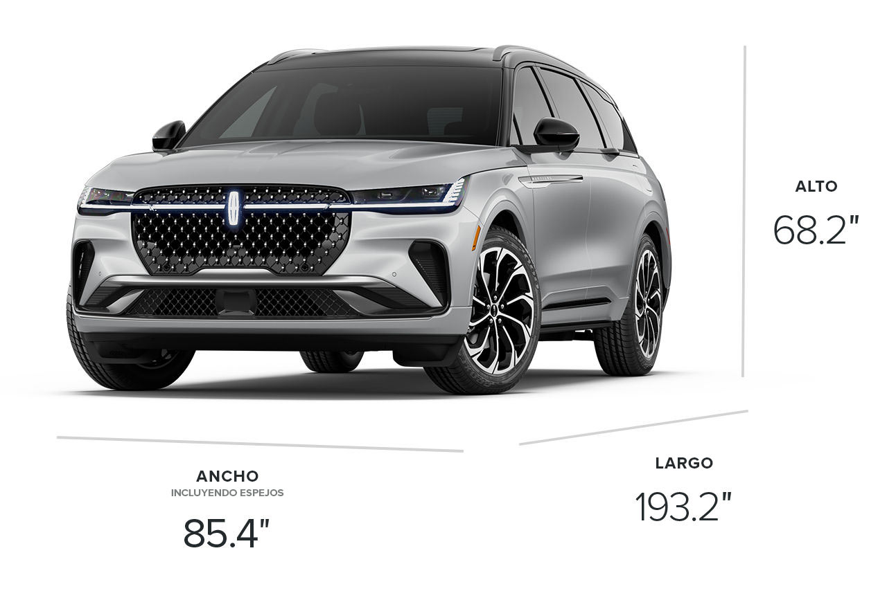 Un modelo Lincoln Nautilus® Reserve 2026 que mide 193.2 pulgadas de largo, 85.4 pulgadas de ancho y 68.2 pulgadas de alto