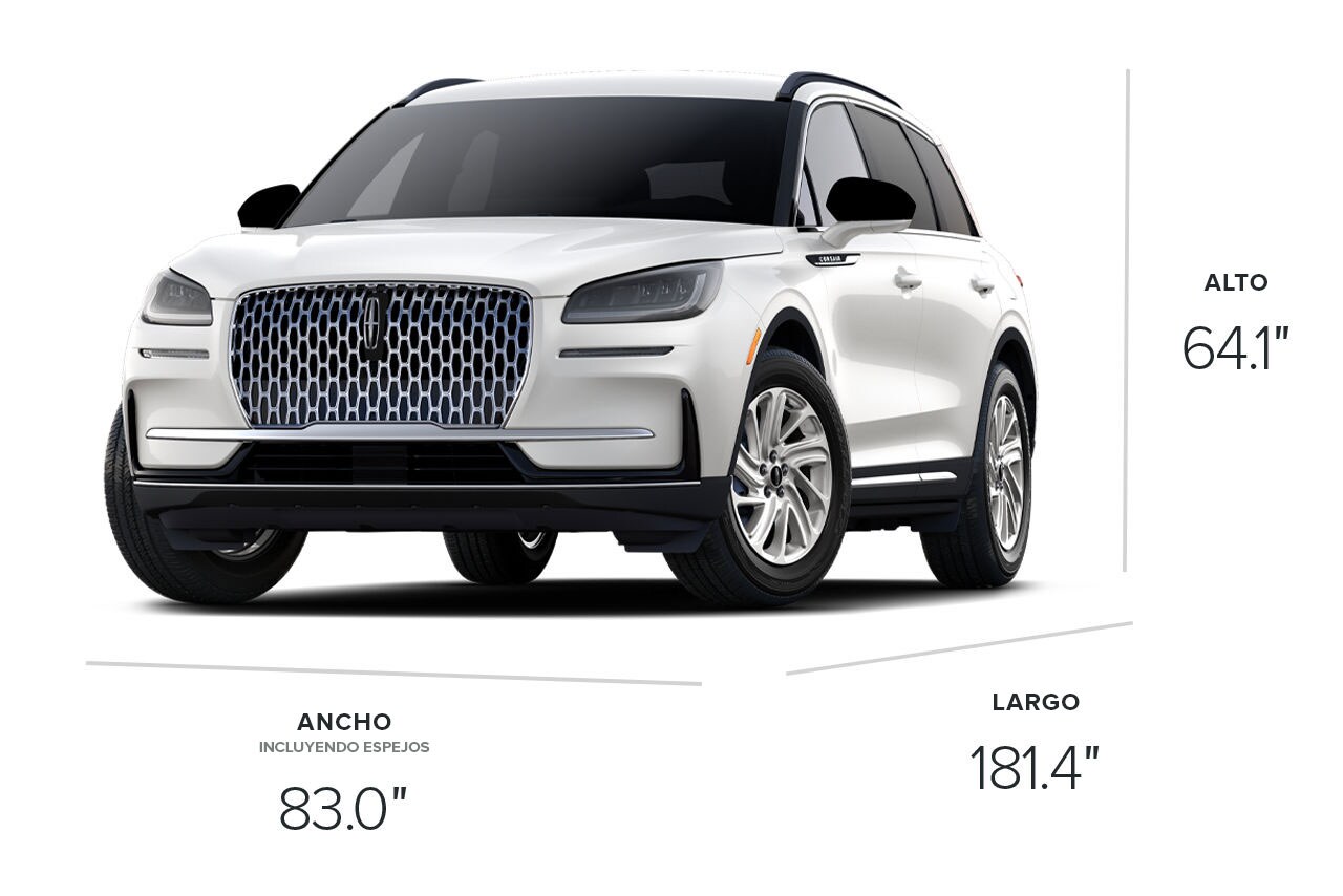 Lincoln Corsair® Premiere 2025 con dimensiones de 181.4 pulgadas de largo, 83 pulgadas de ancho y 64.1 pulgadas de alto