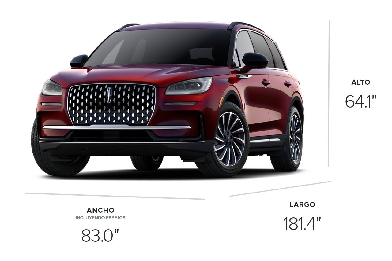 Lincoln Corsair® Reserve 2025 con dimensiones de 181.4 pulgadas de largo, 83 pulgadas de ancho y 64.1 pulgadas de alto