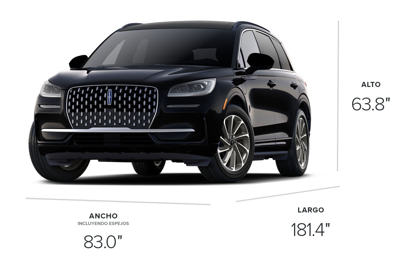 Lincoln Corsair® Grand Touring 2025 con dimensiones de 181.4 pulgadas de largo, 83 pulgadas de ancho y 63.8 pulgadas de alto