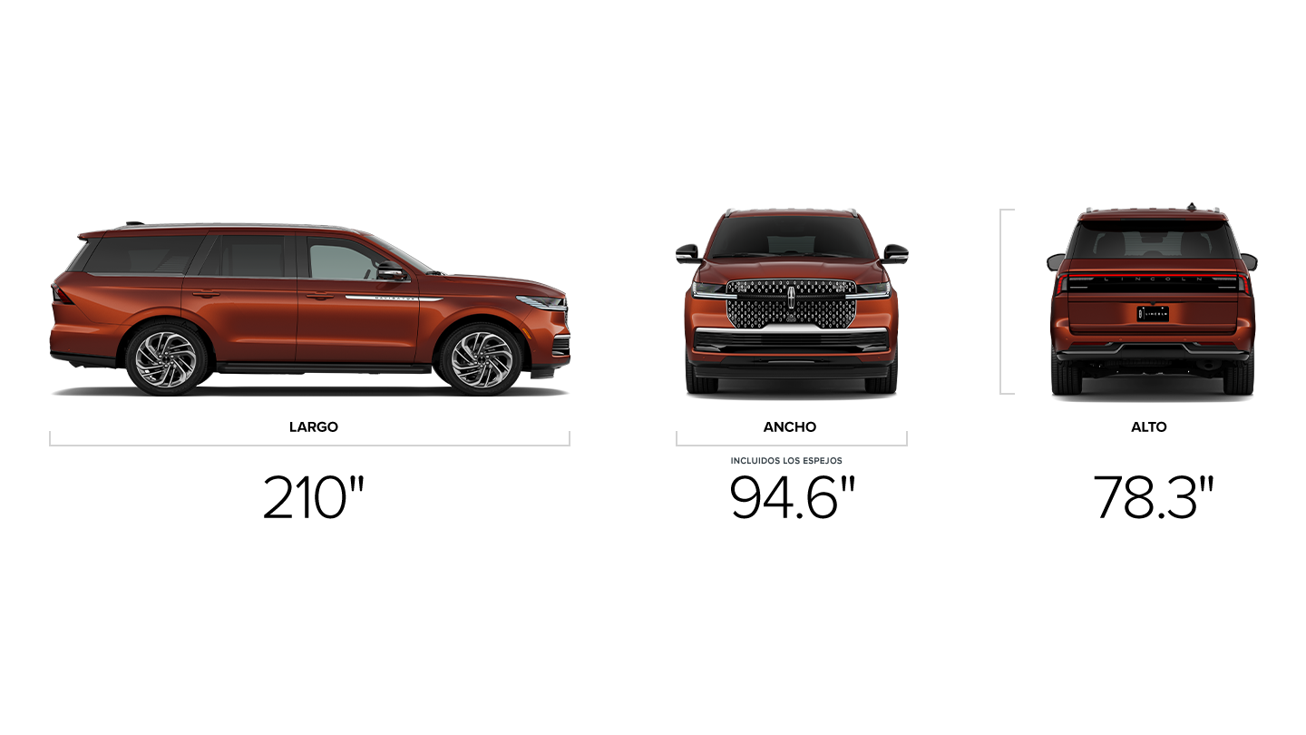 Las dimensiones de un Lincoln Navigator® 2027 SUV distancia entre ejes estándar que mide altura, largo y ancho