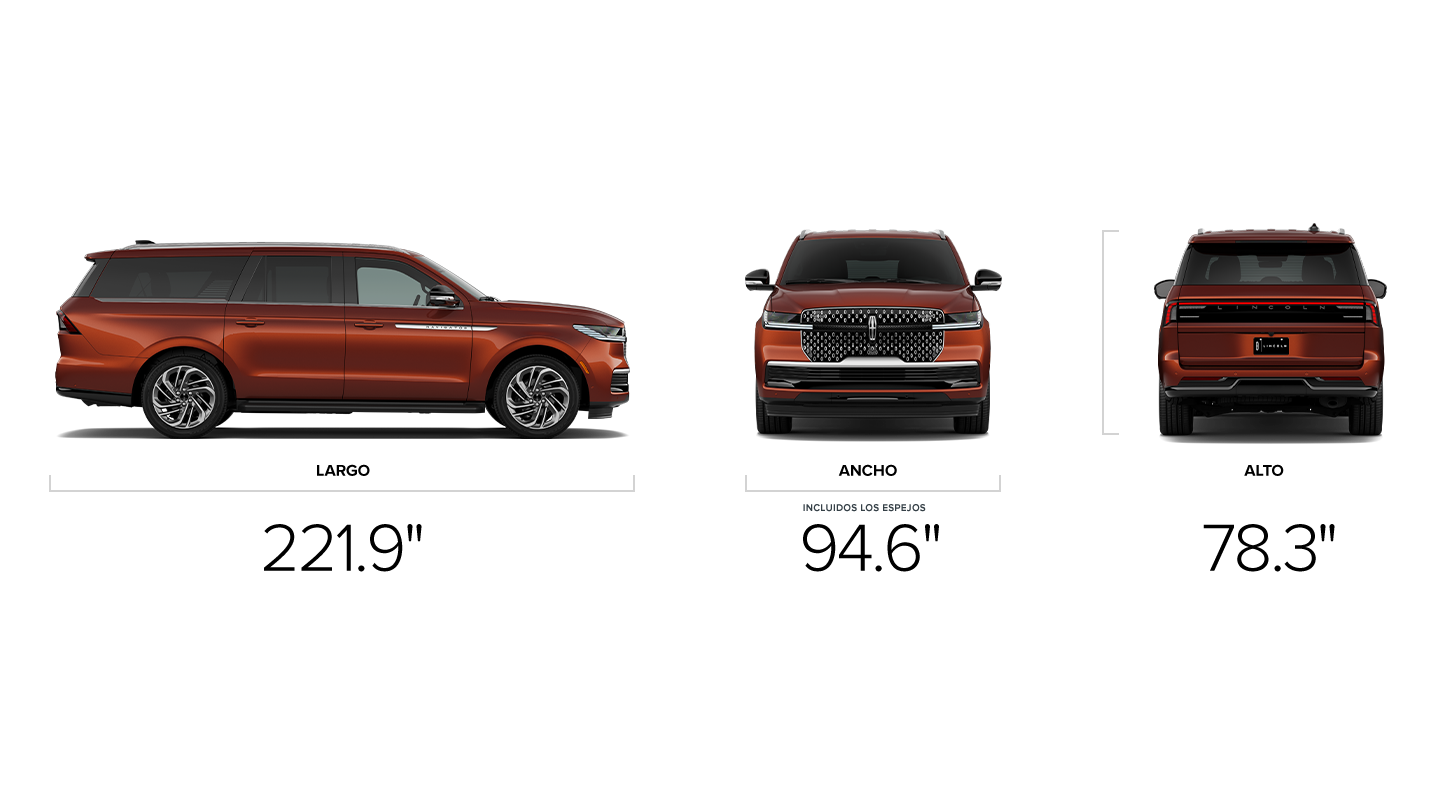 Las dimensiones de una SUV Lincoln Navigator® 2027 con distancia entre ejes larga que miden altura, largo y ancho