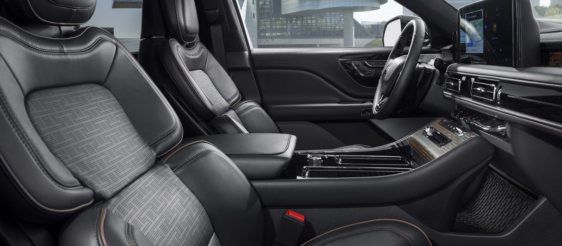 Rich leather details and other fine materials comprise the 2025 Lincoln Black Label Invitation interior theme