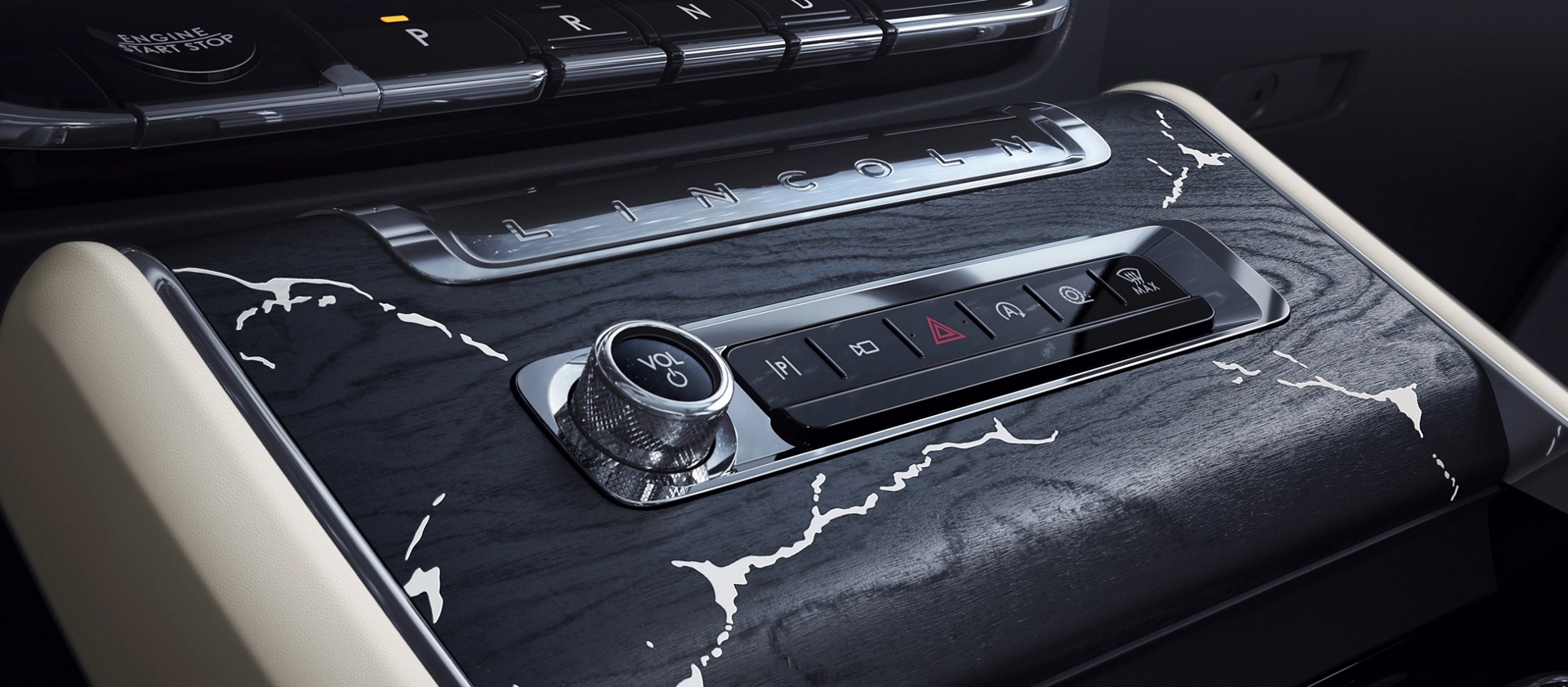 The center console of a 2025 Lincoln Black Label Aviator® SUV with marble-like applique