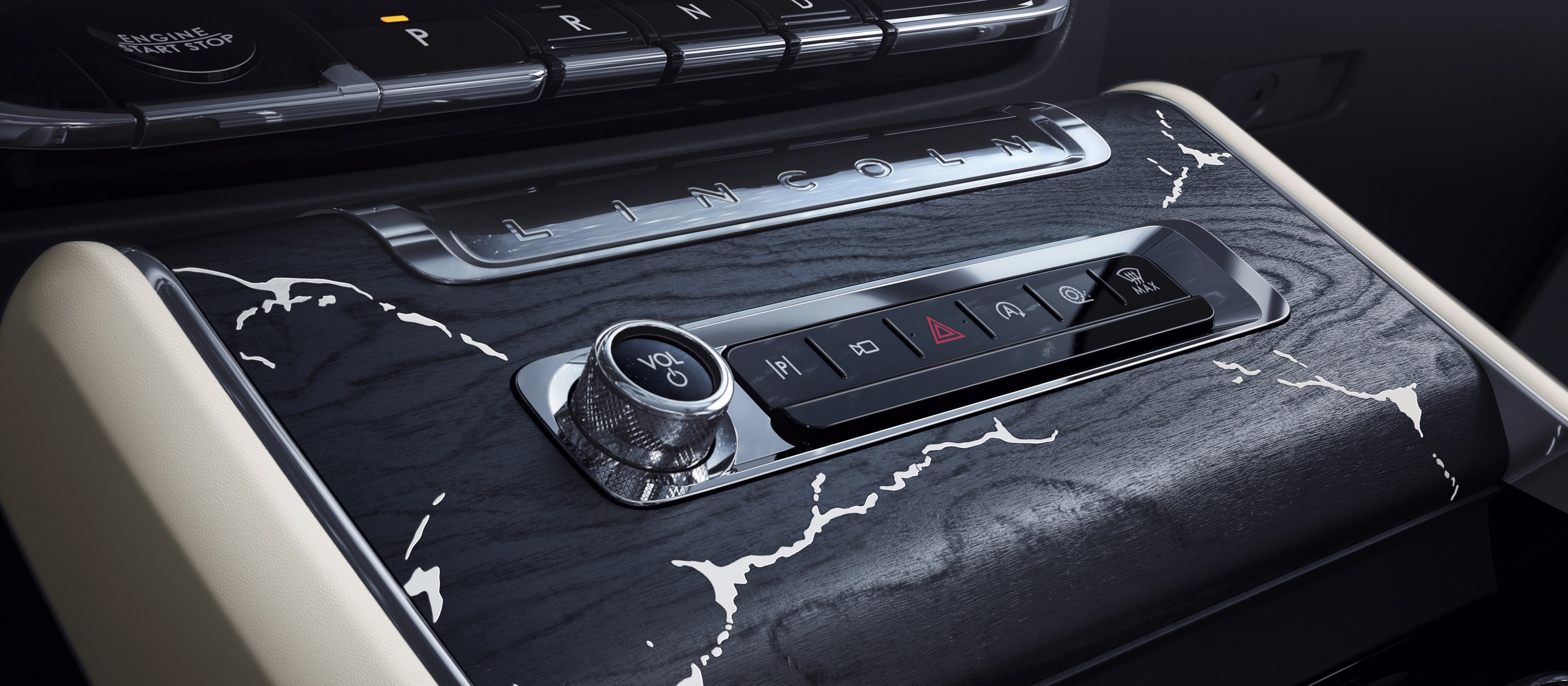 The center console of a 2026 Lincoln Black Label Aviator® SUV with marble-like applique