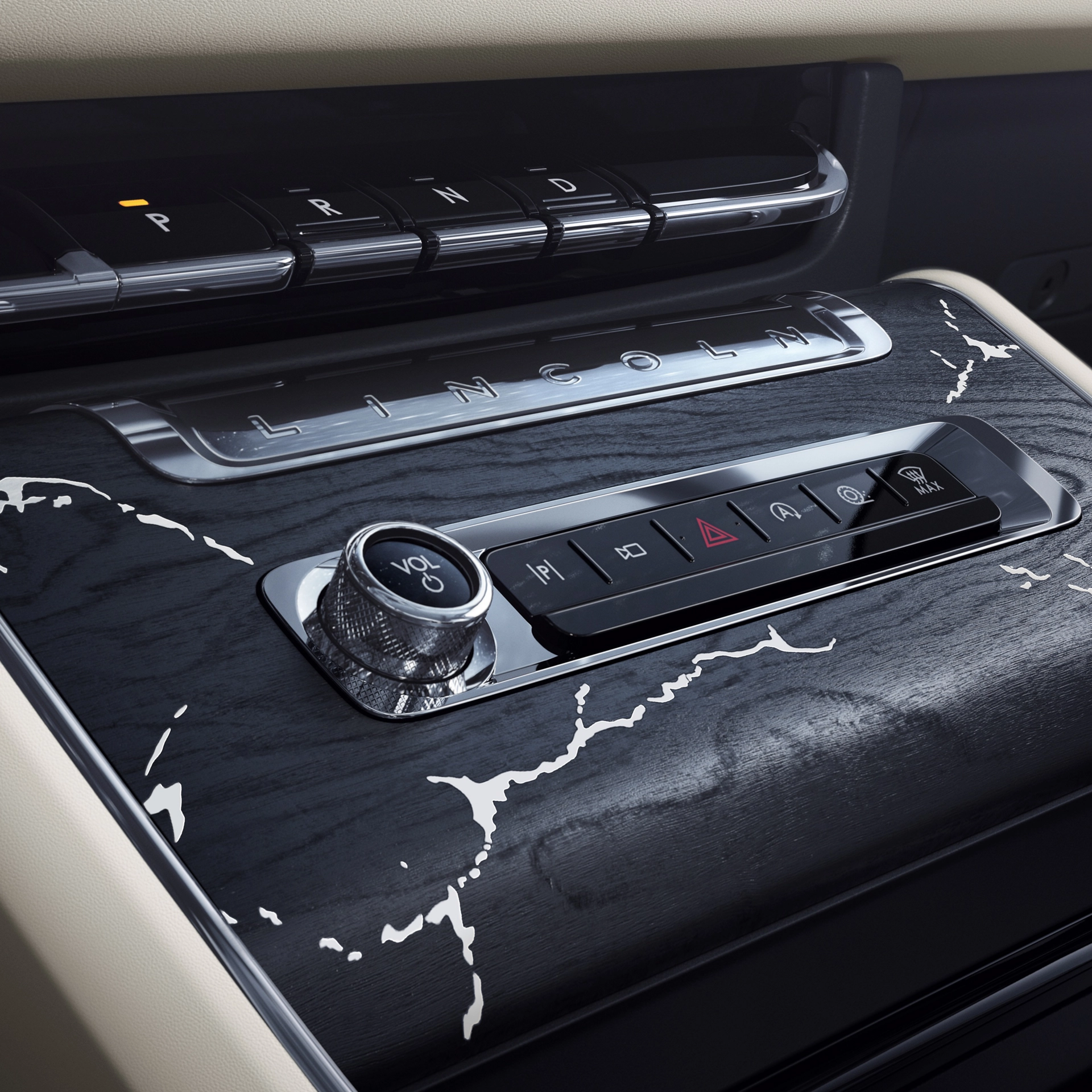 The center console of a 2026 Lincoln Black Label Aviator® SUV with marble-like applique
