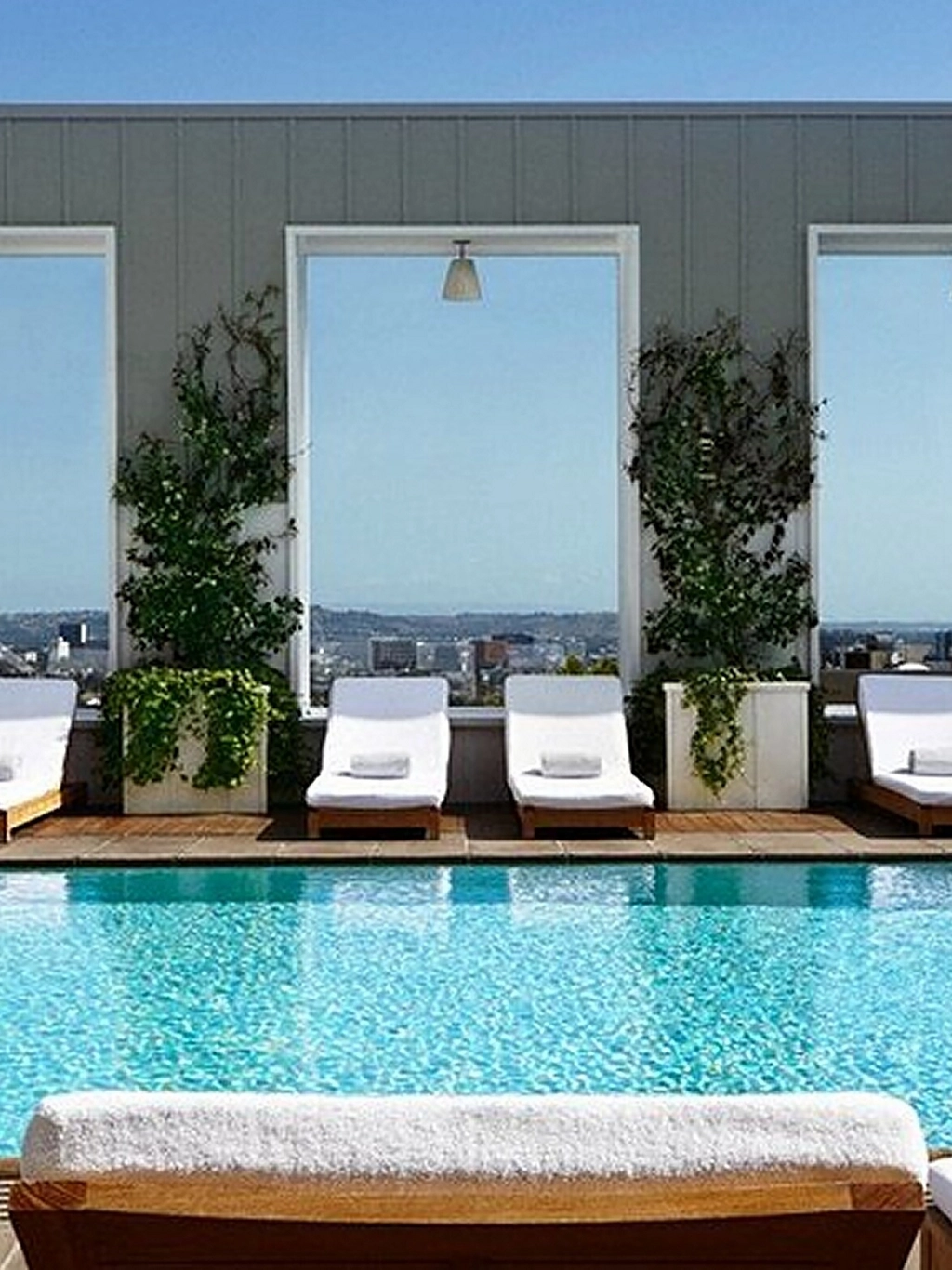 A nice pool side oasis with palm trees.